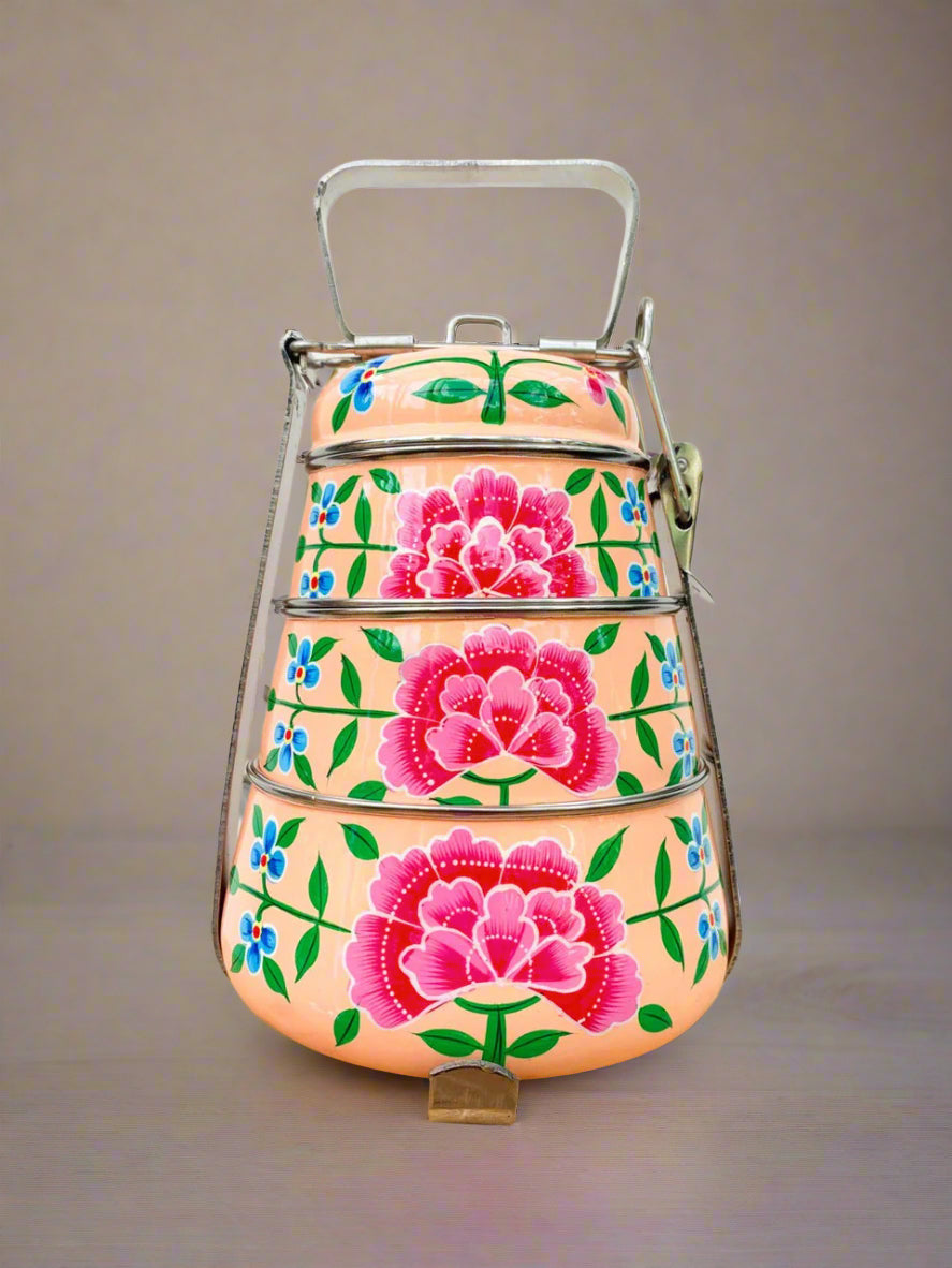 Hand-Painted 3-Tier Stainless Steel Lunch Box – peach floral Design Eco-Friendly tiffin box